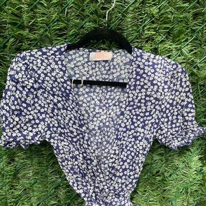 Blue floral wrap dress